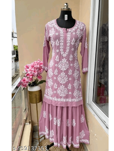 Pink Lucknowi Chikankari Kurti Sharara 2 Pcs UK Next Day - BONYHUBSALWAR KAMEEZ