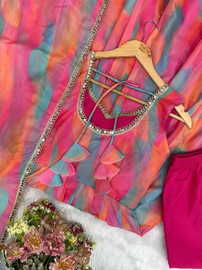 Pink Multi Colour Organza Sleeveless Anarkali Suit - BONYHUBSALWAR KAMEEZ