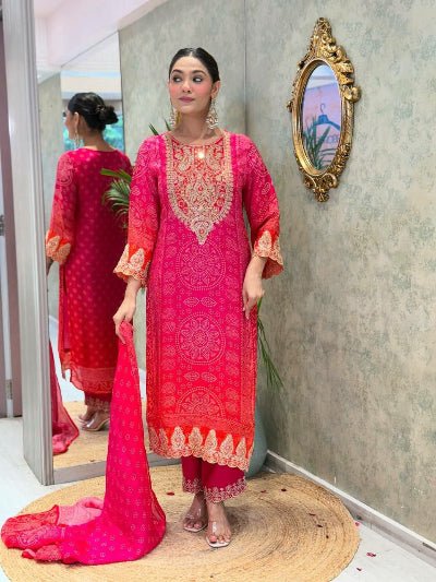 Pink Orange Bandhani Print Festive Salwar Suit Set - BONYHUBSALWAR KAMEEZ