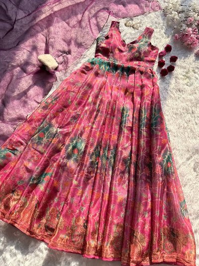 Pink Organza Silk Sleeveless Gown Dupatta Set Of 2 - BONYHUBSALWAR KAMEEZ