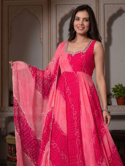 Pink Sleeveless Bandhani Anarkali Salwar Kameez Set4