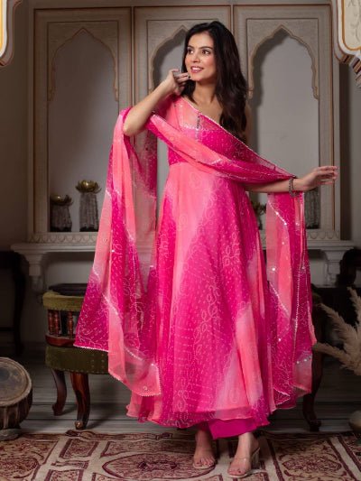 Pink Sleeveless Bandhani Anarkali Salwar Kameez Set