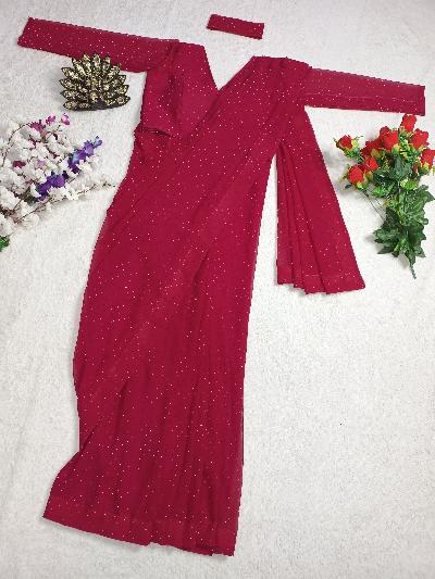 Pink Stitched Saree and Ready to wear Blouse on - BONYHUBSAREE