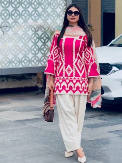 Pink &amp; White Pure Crepe Digital Print Salwar Suit Set - BONYHUBSALWAR KAMEEZ