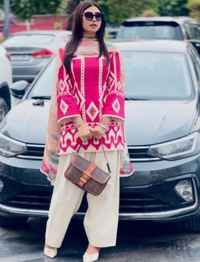 Pink &amp; White Pure Crepe Digital Print Salwar Suit Set - BONYHUBSALWAR KAMEEZ