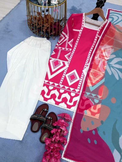Pink &amp; White Pure Crepe Digital Print Salwar Suit Set - BONYHUBSALWAR KAMEEZ