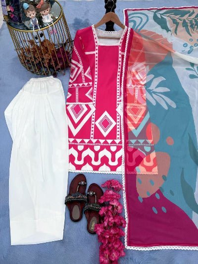 Pink &amp; White Pure Crepe Digital Print Salwar Suit Set - BONYHUBSALWAR KAMEEZ