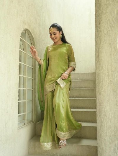 Pista Green Designer Fendy Silk Palazzo Sharara Suit - BONYHUBSALWAR KAMEEZ