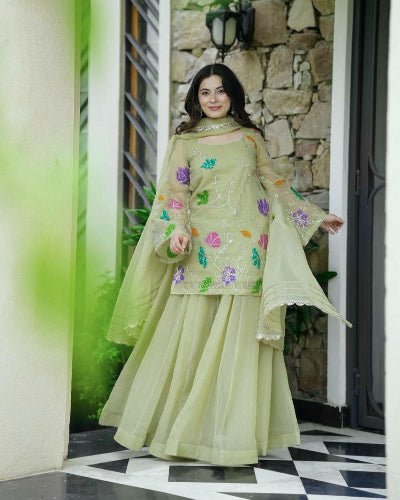 Pista Green Multicolor Floral Embroidered Sharara Palazzo Suit Set - BONYHUBSALWAR KAMEEZ