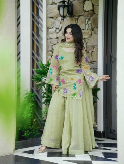 Pista Green Multicolor Floral Embroidered Sharara Palazzo Suit Set - BONYHUBSALWAR KAMEEZ