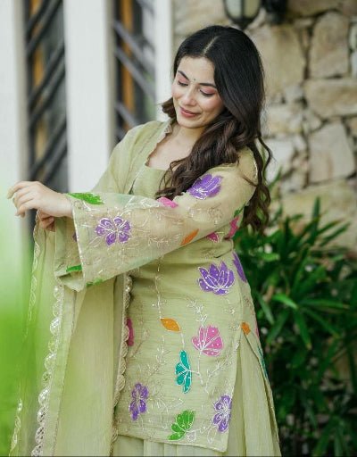 Pista Green Multicolor Floral Embroidered Sharara Palazzo Suit Set - BONYHUBSALWAR KAMEEZ