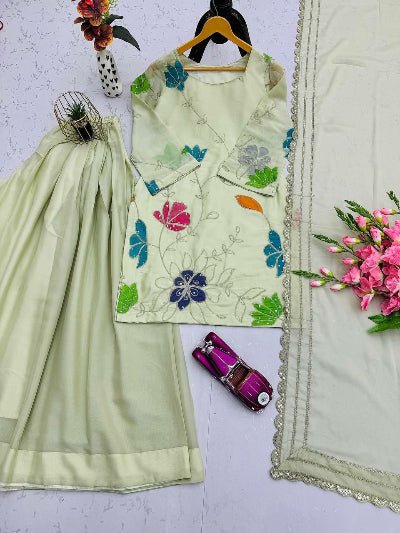 Pista Green Multicolor Floral Embroidered Sharara Palazzo Suit Set - BONYHUBSALWAR KAMEEZ