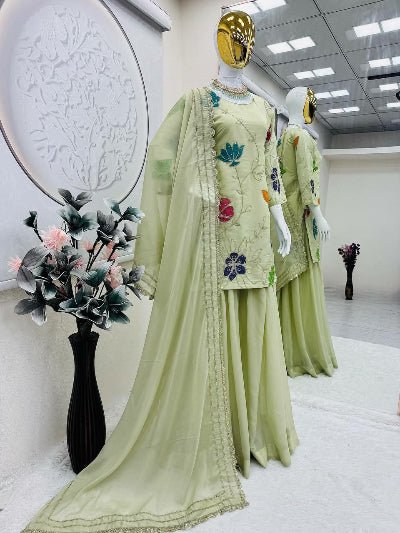 Pista Green Multicolor Floral Embroidered Sharara Palazzo Suit Set - BONYHUBSALWAR KAMEEZ