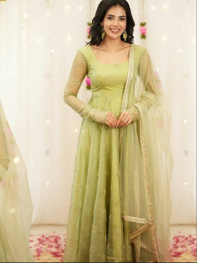 Pista Green Organza Handwork Anarkali Suit - BONYHUBSALWAR KAMEEZ