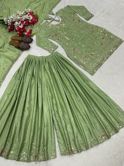 Pista Green Sequence Embroidery Work Sharara Suit - BONYHUBSALWAR KAMEEZ