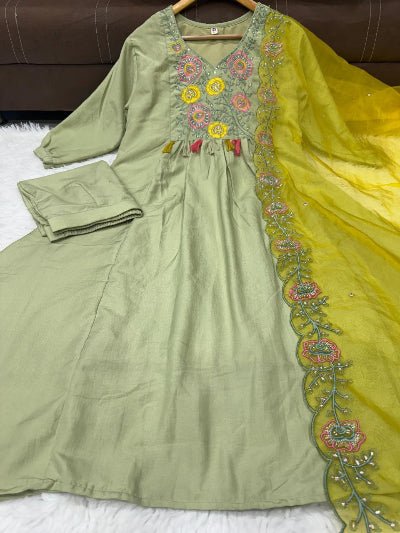 Pista Green Silk Anarkali Suit With Mustard Organza Dupatta - BONYHUBSALWAR KAMEEZ