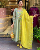 Pista Green Silk Anarkali Suit With Mustard Organza Dupatta - BONYHUBSALWAR KAMEEZ