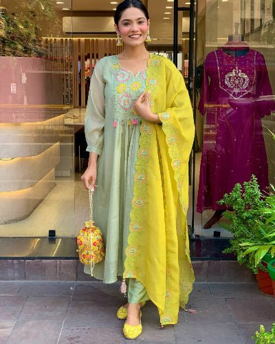 Pista Green Silk Anarkali Suit With Mustard Organza Dupatta - BONYHUBSALWAR KAMEEZ