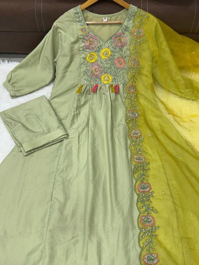 Pista Green Silk Anarkali Suit With Mustard Organza Dupatta - BONYHUBSALWAR KAMEEZ