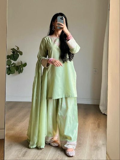 Pistachio Green Rayon Silk Farshi Salwar Suit Set - BONYHUBSALWAR KAMEEZ