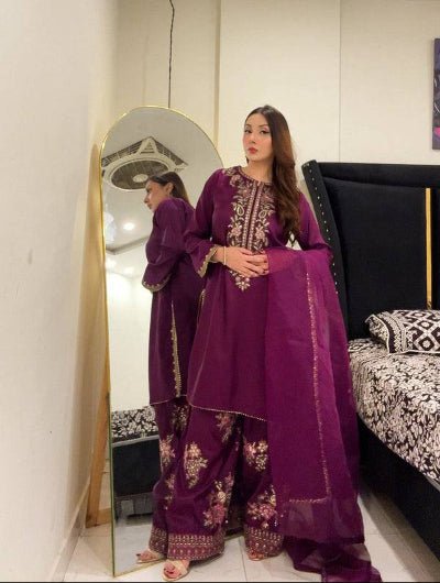 Plum Embroidered Ethnic Wear Farshi Suit UK Next Day - BONYHUBSALWAR KAMEEZ