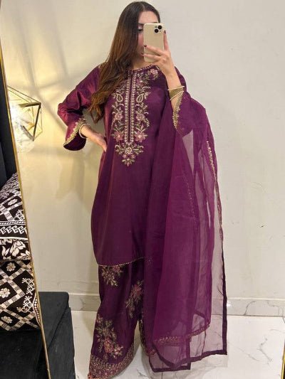 Plum Embroidered Ethnic Wear Farshi Suit UK Next Day - BONYHUBSALWAR KAMEEZ