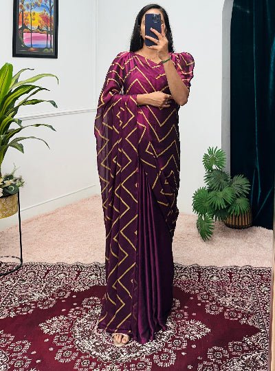 Plum Foil Work Ethnic Readymade Saree Gown Stitched Blouse - BONYHUBSAREE