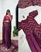 Plum Foil Work Ethnic Readymade Saree Gown Stitched Blouse - BONYHUBSAREE