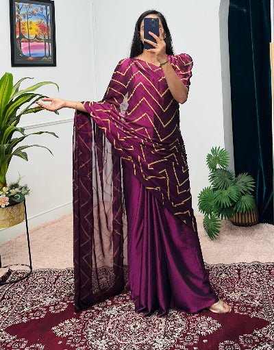 Plum Foil Work Ethnic Readymade Saree Gown Stitched Blouse - BONYHUBSAREE