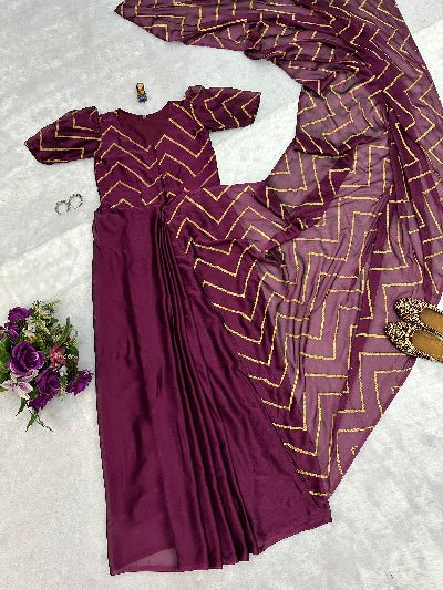 Plum Foil Work Ethnic Readymade Saree Gown Stitched Blouse - BONYHUBSAREE