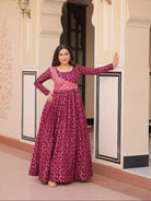 Plum Printed Jacquard Weaving Work Anarkali Gown 1Pc - BONYHUBSALWAR KAMEEZ