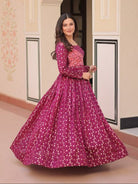 Plum Printed Jacquard Weaving Work Anarkali Gown 1Pc - BONYHUBSALWAR KAMEEZ