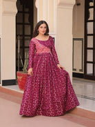 Plum Printed Jacquard Weaving Work Anarkali Gown 1Pc - BONYHUBSALWAR KAMEEZ