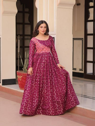 Plum Printed Jacquard Weaving Work Anarkali Gown 1Pc - BONYHUBSALWAR KAMEEZ