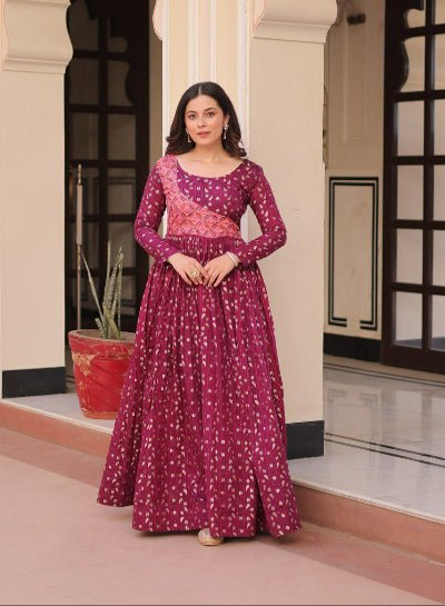 Plum Printed Jacquard Weaving Work Anarkali Gown 1Pc - BONYHUBSALWAR KAMEEZ
