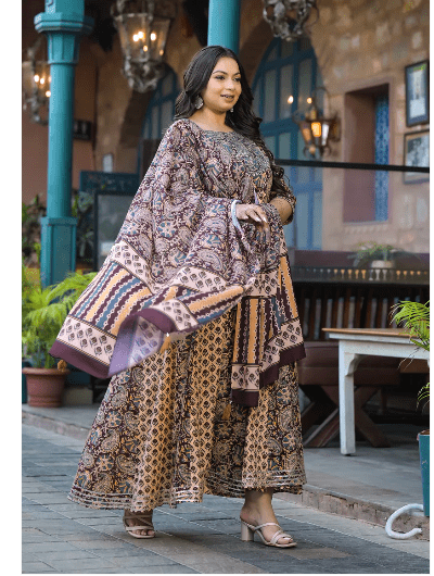 Plus size Anarkali Beige Maroon Kurti Dupatta Set of 2 - BONYHUBSALWAR KAMEEZ