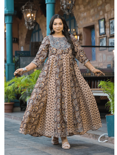 Plus size Anarkali Beige Maroon Kurti Dupatta Set of 2 - BONYHUBSALWAR KAMEEZ