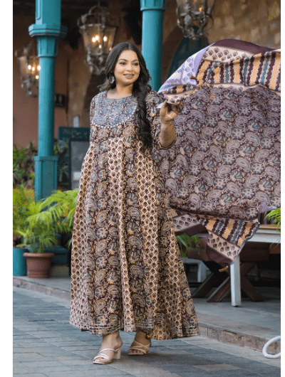 Plus size Anarkali Beige Maroon Kurti Dupatta Set of 2 - BONYHUBSALWAR KAMEEZ