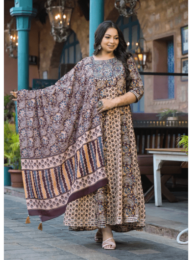 Plus size Anarkali Beige Maroon Kurti Dupatta Set of 2 - BONYHUBSALWAR KAMEEZ