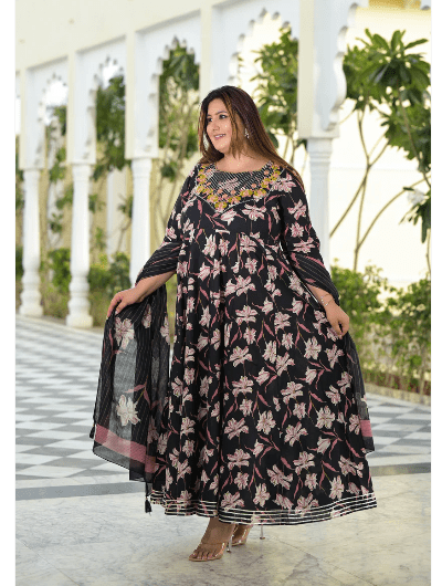 Plus size Anarkali Black Pink Kurti Dupatta Set of 2 - BONYHUBSALWAR KAMEEZ