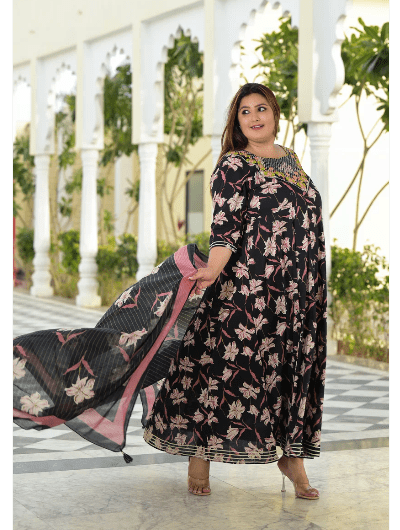 Plus size Anarkali Black Pink Kurti Dupatta Set of 2 - BONYHUBSALWAR KAMEEZ