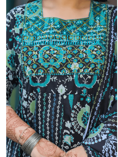 Plus size Anarkali Black Seagreen Kurti Dupatta Set of 2 - BONYHUBSALWAR KAMEEZ