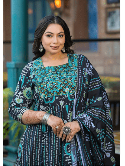 Plus size Anarkali Black Seagreen Kurti Dupatta Set of 2 - BONYHUBSALWAR KAMEEZ