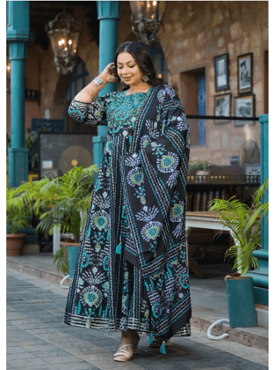 Plus size Anarkali Black Seagreen Kurti Dupatta Set of 2 - BONYHUBSALWAR KAMEEZ