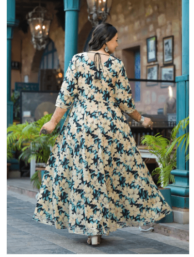 Plus size Anarkali Cream Floral Kurti Dupatta Set of 2 - BONYHUBSALWAR KAMEEZ