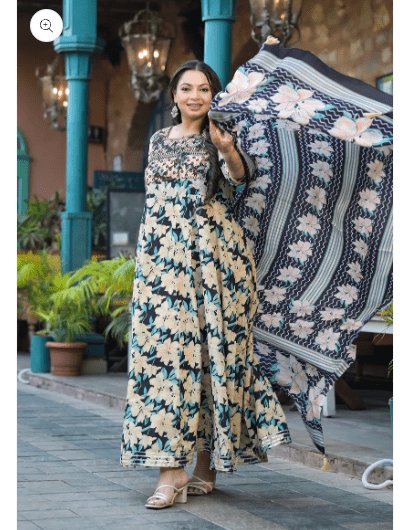 Plus size Anarkali Cream Floral Kurti Dupatta Set of 2 - BONYHUBSALWAR KAMEEZ