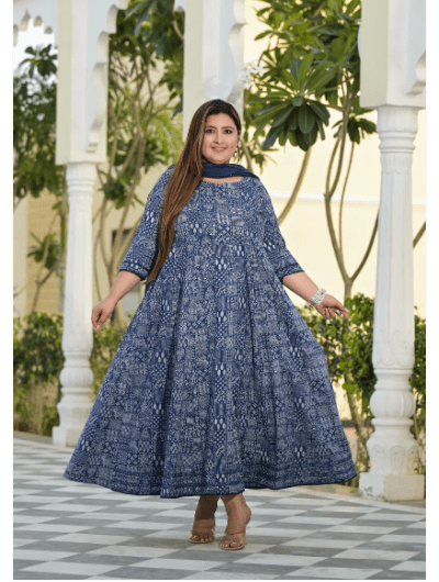 Plus size Anarkali Navy Blue Kurti Dupatta Set of 2 UK Next Day - BONYHUBSALWAR KAMEEZ