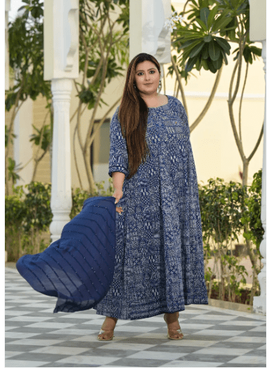 Plus size Anarkali Navy Blue Kurti Dupatta Set of 2 UK Next Day - BONYHUBSALWAR KAMEEZ