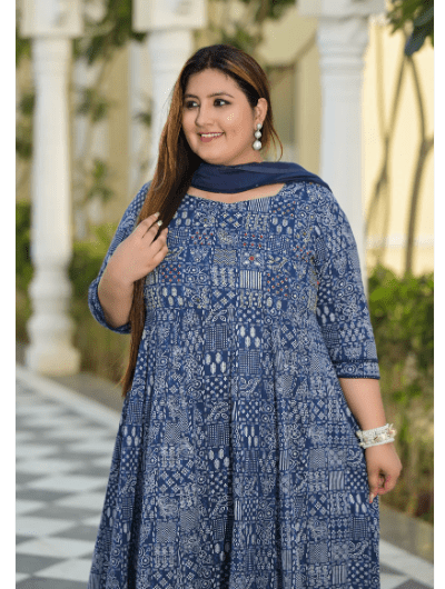 Plus size Anarkali Navy Blue Kurti Dupatta Set of 2 UK Next Day - BONYHUBSALWAR KAMEEZ