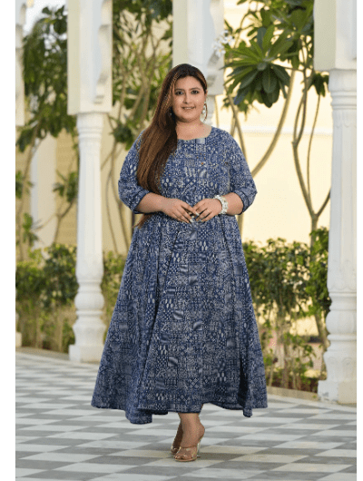 Plus size Anarkali Navy Blue Kurti Dupatta Set of 2 UK Next Day - BONYHUBSALWAR KAMEEZ
